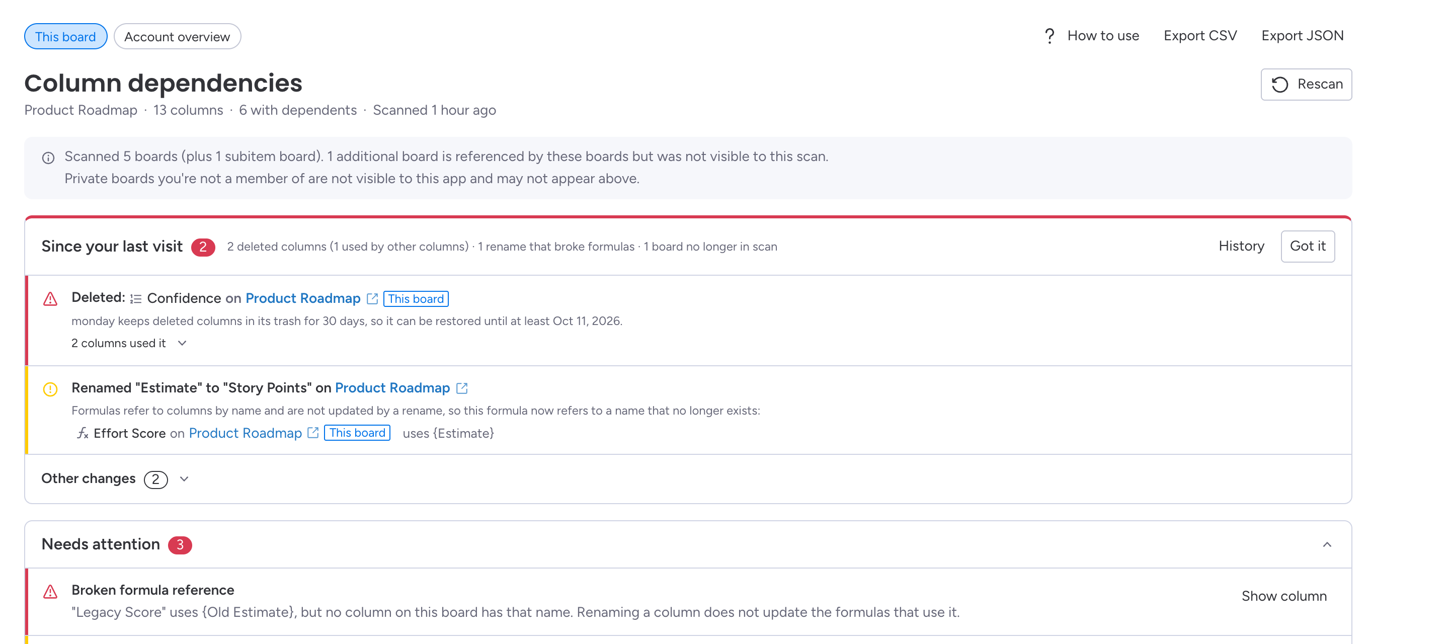 The change alert card: a deleted column, the columns that used it, and a rename that broke a formula