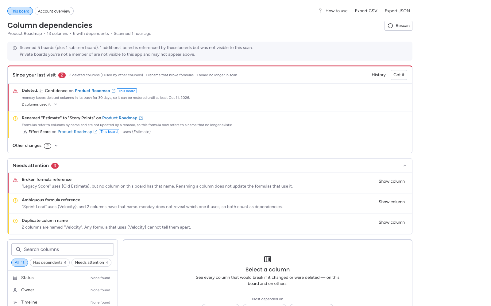 The change alert card listing a deleted column and the columns it broke